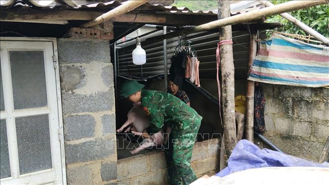 Bộ đội Biên phòng giúp dân di dời tài sản. Ảnh: TTXVN phát