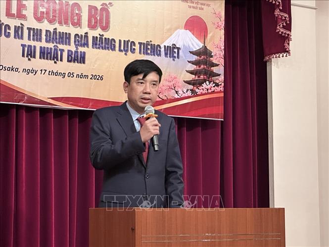 Tổng lãnh sự Việt Nam tại Osaka Nguyễn Trường Sơn phát biểu khai mạc Lễ công bố tổ chức kỳ thi đánh giá năng lực tiếng Việt tại Nhật Bản. Ảnh: Nguyễn Tuyến – Pv TTXVN tại Nhật Bản