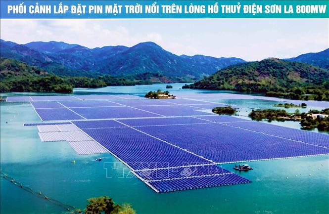 Phối cảnh lắp đặt pin mặt trời trên lòng hồ thủy điện Sơn La. Ảnh: Quang Quyết - TTXVN