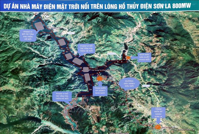 Phối cảnh tổng thể nhà máy điện mặt trời nổi trên lòng hồ thủy điện Sơn La. Ảnh: Quang Quyết - TTXVN