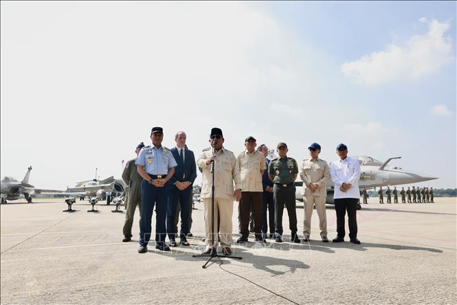 Tổng thống Prabowo Subianto phát biểu tại Căn cứ Không quân Halim Perdanakusuma, Đông Jakarta. Ảnh: Đỗ Quyên – PV TTXVN tại Indonesia