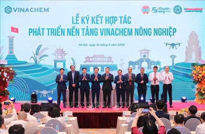 Thứ trưởng Bộ Tài Chính Cao Anh Tuấn và Chủ tịch Hội đồng thành viên Tập đoàn Hoá chất Việt Nam Phùng Quang Hiệp và các đại biểu tham gia lễ ký kết hợp tác phát triển nền tảng Vinachem Nông nghiệp. Ảnh: Hoàng Hiếu - TTXVN