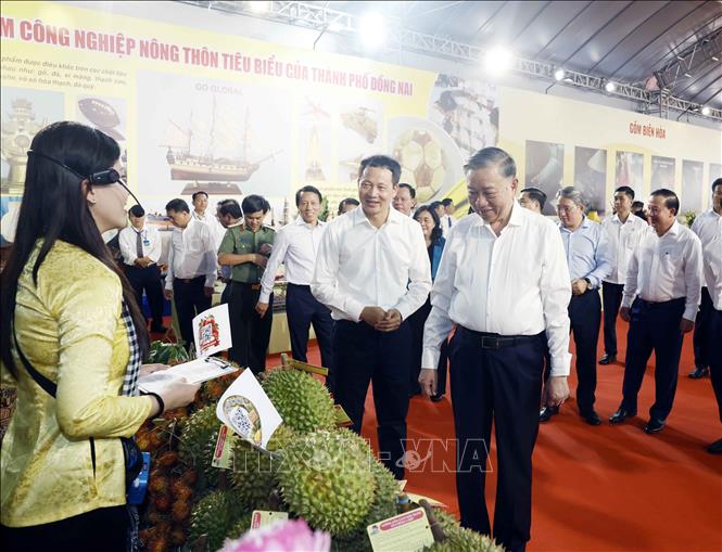 Tổng Bí thư, Chủ tịch nước Tô Lâm tham quan khu trưng bày, giới thiệu các sản phẩm tiêu biểu của thành phố Đồng Nai. Ảnh: Thống Nhất – TTXVN

