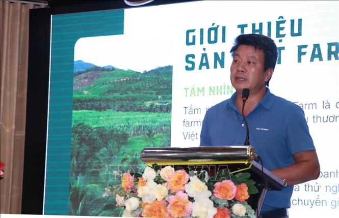 Đại diện doanh nghiệp ứng dụng khoa học công nghệ vào nông nghiệp tham luận tại hội thảo. Ảnh: Phan Sáu - TTXVN
