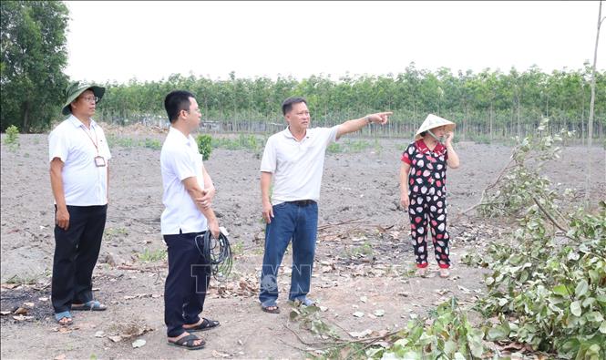 Gia đình ông Triệu Văn Thình (áo thun trắng đứng chỉ tay), ngụ ấp Đồng Bia, xã Tân Lợi là một trong những hộ dân tiên phong hiến gần 1 ha đất làm đường tại xã Tân Lợi. Ảnh: Đậu Tất Thành - TTXVN