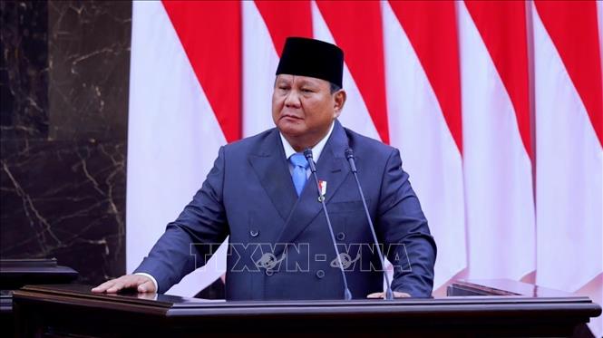 Tổng thống Indonesia Prabowo Subianto trình bày định hướng kinh tế vĩ mô và chính sách tài khóa của Chính phủ. Ảnh: Minh Thái - Phóng viên TTXVN tại Indonesia