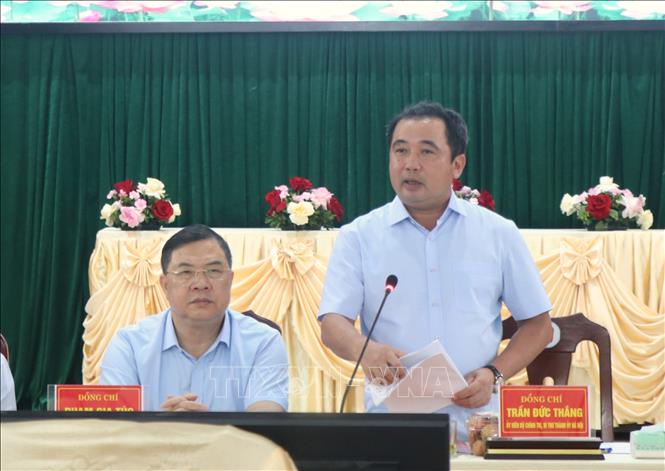 Ủy viên Bộ Chính trị, Bí thư Thành ủy Hà Nội Trần Đức Thắng phát biểu tại buổi làm việc. Ảnh: Thanh Thương - TTXVN