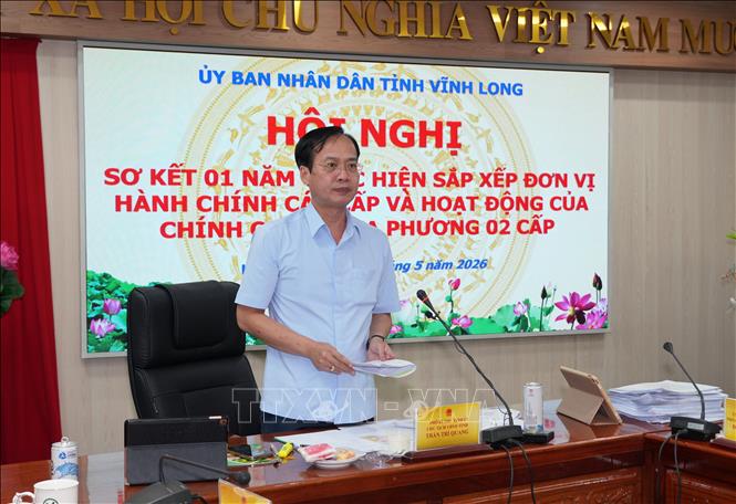Chủ tịch UBND tỉnh Vĩnh Long Trần Trí Quang phát biểu tại hội nghị. Ảnh: Phạm Minh Tuấn-TTXVN