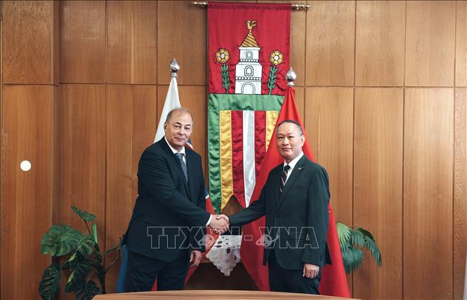 Thị trưởng Horné Saliby Pavol Dobosy (trái) tiếp Đại sứ Phạm Trường Giang. Ảnh: TTXVN phát