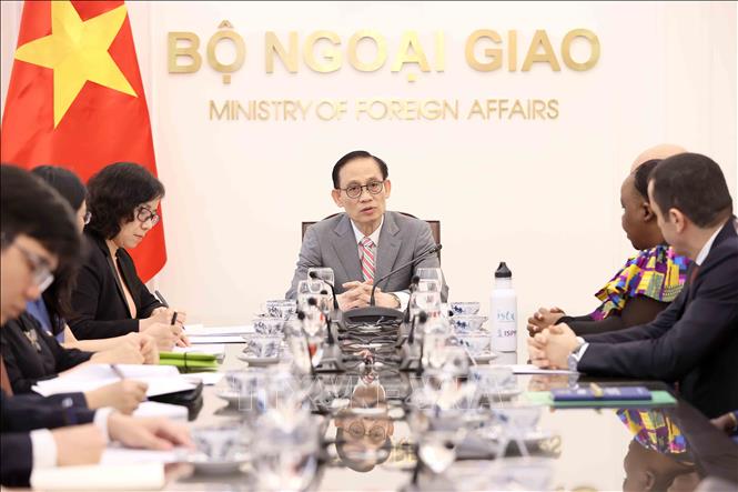 Bộ trưởng Bộ Ngoại giao Lê Hoài Trung tiếp nhóm Đại sứ, Đại biện các nước Châu Phi tại Việt Nam. Ảnh: An Đăng - TTXVN