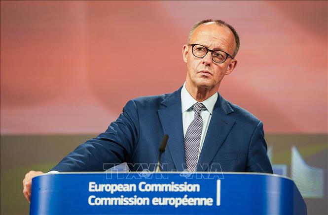 Thủ tướng Đức Friedrich Merz trong cuộc họp báo tại Brussels, Bỉ. Ảnh: THX/TTXVN