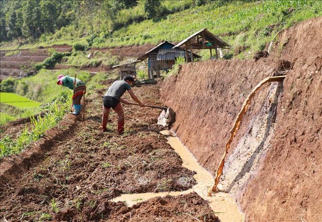 Nước từ các khe núi đổ về cũng là thời điểm người dân tranh thủ làm đất chuẩn bị cho mùa vụ mới. Ảnh: Quý Trung – TTXVN