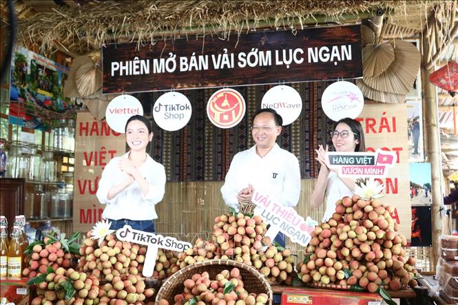 Phó Chủ tịch UBND tỉnh Bắc Ninh Phạm Văn Thịnh (đứng giữa) cùng các nhà sáng tạo nội dung giao lưu, trả lời khách hàng trong phiên livestream. Ảnh: Việt Hùng - TTXVN
 
