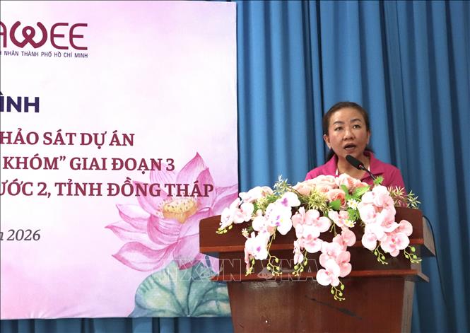 Bà Nhan Húc Quân, Phó Chủ tịch Hội nữ doanh nhân thành phố Hồ Chí Minh, phát biểu. Ảnh: Hồng Nhung - TTXVN