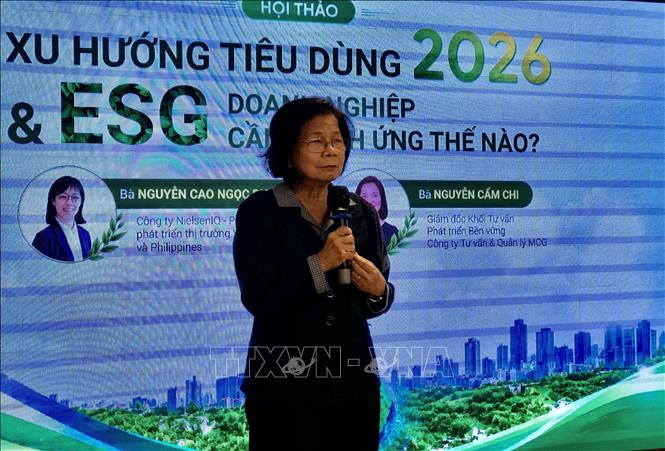 Chủ tịch Hiệp hội Doanh nghiệp hàng Việt Nam chất lượng cao Vũ Kim Hạnh phát biểu. Ảnh: Mỹ Phương - TTXVN