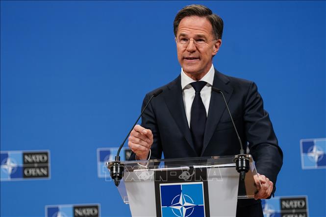 Tổng Thư ký NATO Mark Rutte phát biểu họp báo tại Brussels, Bỉ. Ảnh: THX/TTXVN