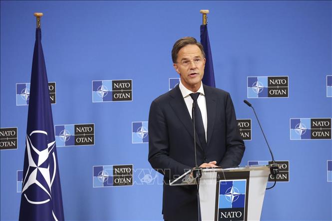 Tổng Thư ký NATO Mark Rutte phát biểu họp báo tại Brussels, Bỉ. Ảnh: Kyodo/TTXVN
