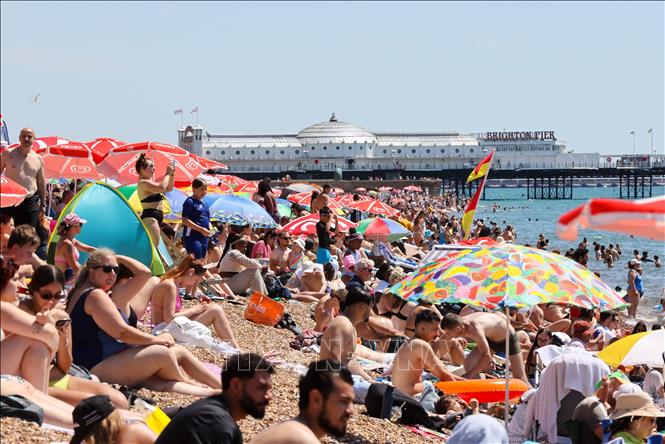 Người dân tránh nóng trên bãi biển ở Brighton, Anh. Ảnh: THX/TTXVN