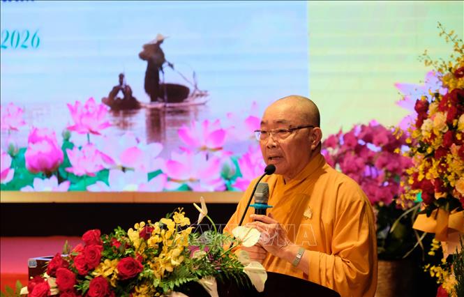 Hòa thượng Thích Minh Nhật, Trưởng Ban trị sự Giáo hội Phật giáo Việt Nam tỉnh Lâm Đồng, phát biểu tại lễ khai mạc Đại lễ Phật đản Phật lịch 2570 – Dương lịch 2026 tại Đà Lạt sáng 23/5. Ảnh: Nguyễn Dũng – TTXVN
