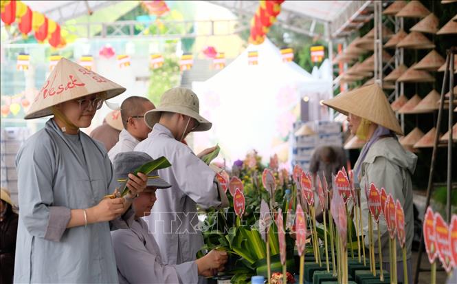 Các tăng ni tất bật chuẩn bị cho hoạt động “Hội chợ ẩm thực chay” sẽ diễn ra trong tuần lễ Phật đản 2026 tại Đà Lạt từ 23 – 31/5. Ảnh: Nguyễn Dũng – TTXVN
