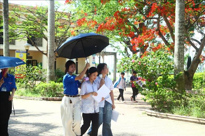 Đoàn thanh niên tình nguyện thực hiện giúp đỡ thí sinh tại Kỳ thi tuyển sinh vào lớp 10 THPT năm học 2026-2027. Ảnh: Đại Nghĩa - TTXVN