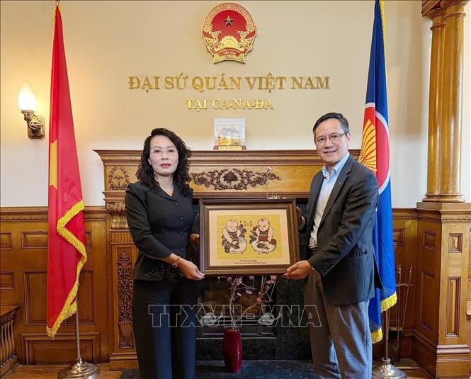 Phó Bí thư Thường trực Tỉnh ủy Bắc Ninh Nguyễn Thị Hương trao tặng Đại sứ Phạm Vinh Quang bức tranh dân gian Đông Hồ. Ảnh: TTXVN phát