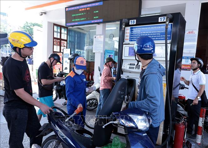 Mua bán xăng sinh học tại một cửa hàng của Petrolimex sáng 24/5. Ảnh: Trần Việt - TTXVN