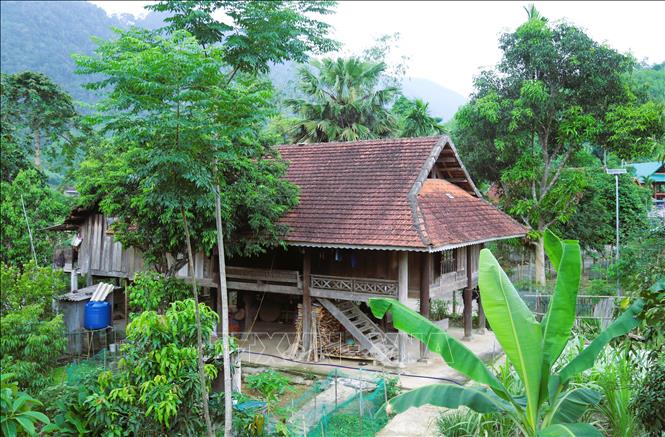 Những nếp nhà sàn truyền thống ở bản Mét (xã Bình Chuẩn, tỉnh Nghệ An) của đồng bào Thái nép mình bên sườn đồi, hài hòa trong khung cảnh núi đồi tạo nên bức tranh làng bản vừa mộc mạc, yên bình nhưng giàu sức sống. Ảnh: Xuân Tiến - TTXVN