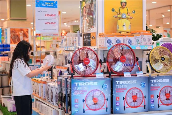 Người dân chọn mua quạt điện tại siêu thị AEON Long Biên khi nền nhiệt Hà Nội tăng cao. Ảnh: Hoàng Hiếu - TTXVN