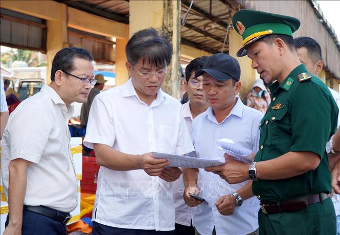 Phó chủ tịch UBND tỉnh Quảng Ngãi Đỗ Tâm Hiển (thứ hai từ trái sang) kiểm tra công tác phòng, chống IUU tại cảng cá Mỹ Á, phường Trà Câu. Ảnh: Lê Phước Ngọc-TTXVN
    