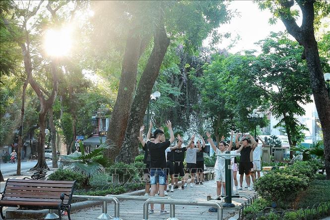 Người dân tập thể dục dưới những tán cây xanh giữa lòng Hà Nội từ sớm. Ảnh: Phạm Tuấn Anh - TTXVN