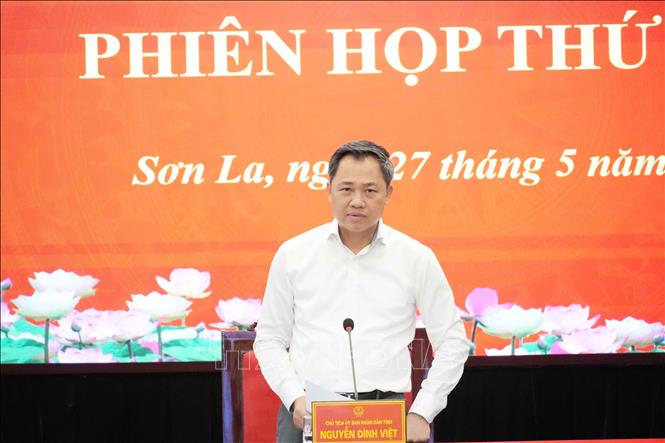 Ông Nguyễn Đình Việt, Phó Bí thư Tỉnh ủy, Chủ tịch UBND tỉnh Sơn La, phát biểu tại Phiên họp. Ảnh: Nguyễn Cường - TTXVN