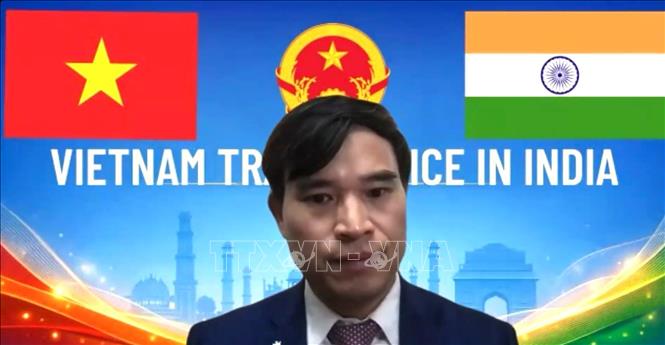 Tham tán Thương mại Việt Nam tại Ấn Độ Bùi Trung Thướng phát biểu khai mạc hội thảo. Ảnh: Ngọc Thúy - PV TTXVN tại Ấn Độ