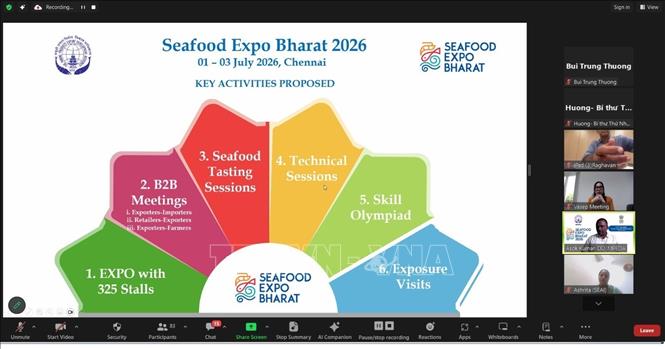 Đại diện Ấn Độ giới thiệu về Triển lãm Seafood Expo Bharat 2026 diễn ra từ ngày 1-3/7/2026 tại Chennai. Ảnh: Ngọc Thúy - PV TTXVN tại Ấn Độ