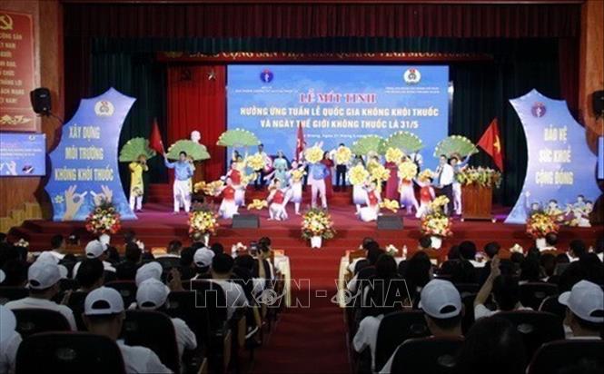 Sáng 31/5/2025, tại thành phố Bắc Giang, Liên đoàn Lao động tỉnh Bắc Giang phối hợp Tạp chí Lao động và Công đoàn tổ chức Lễ mít tinh hưởng ứng Tuần lễ quốc gia không khói thuốc và Ngày Thế giới không hút thuốc lá 31/5. Ảnh: Đồng Thúy - TTXVN