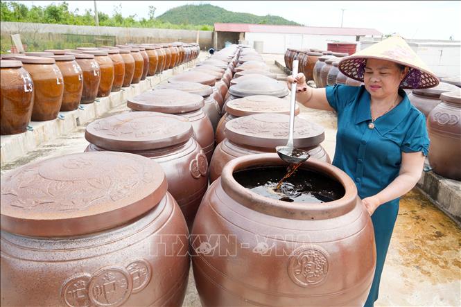 Nước mắm Phú Khương được kiểm tra và đảo hàng ngày để đảm bảo chất lượng. Ảnh: Hữu Quyết – TTXVN