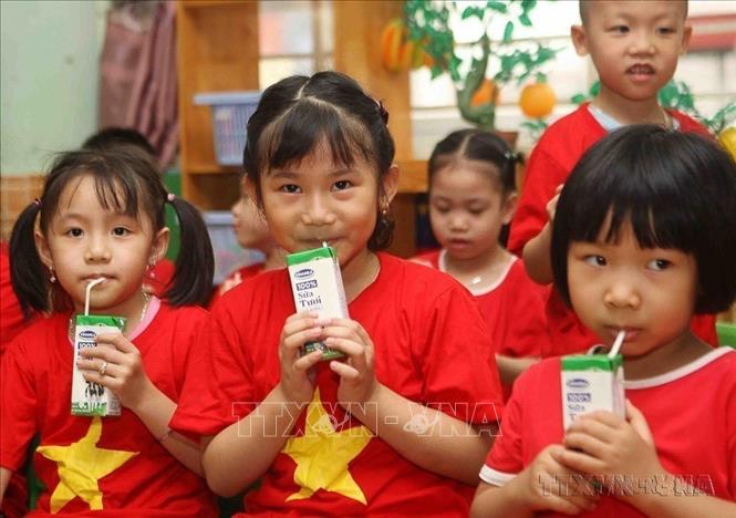 Với chương trình Sữa học đường của thành phố Hà Nội, tất cả trẻ em trong độ tuổi mầm non và tiểu học đều được uống sữa để phát triển. Ảnh: Thanh Tùng-TTXVN