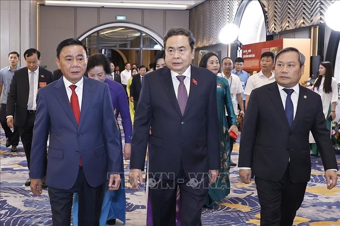 Chủ tịch Quốc hội Trần Thanh Mẫn và Thường trực Ban Bí thư Trần Cẩm Tú dự hội nghị. Ảnh: Doãn Tấn - TTXVN