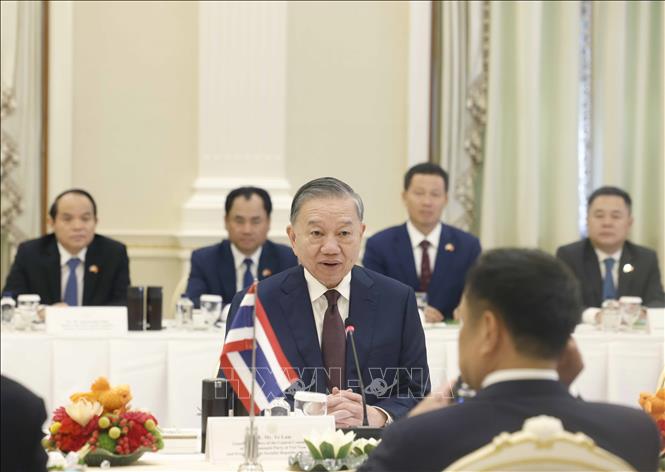 Tổng Bí thư, Chủ tịch nước Tô Lâm phát biểu tại cuộc hội đàm chính thức với Thủ tướng Thái Lan Anutin Charnvirakul. Ảnh: Thống Nhất – TTXVN