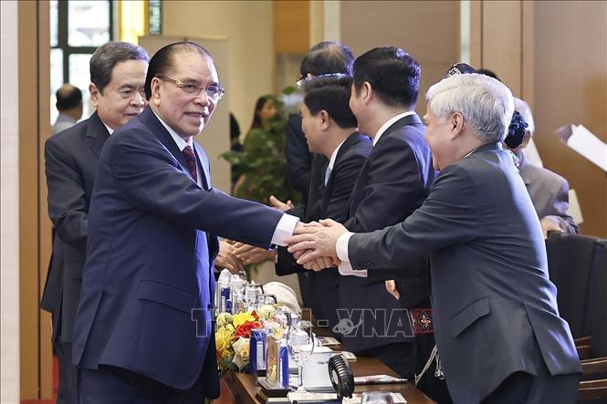 Nguyên Tổng Bí thư Nông Đức Mạnh, Chủ tịch Quốc hội Trần Thanh Mẫn dự lễ kỷ niệm. Ảnh: Doãn Tấn - TTXVN
