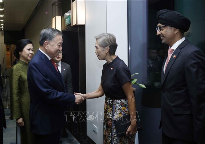 Các quan chức Singapore đón Tổng Bí thư, Chủ tịch nước Tô Lâm và Phu nhân tại sân bay quốc tế Changi, Singapore. Ảnh: Thống Nhất – TTXVN