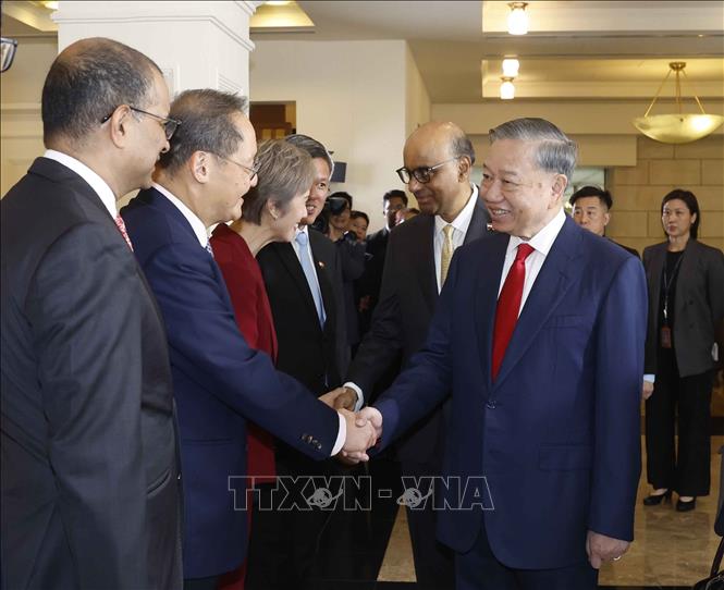 Tổng Bí thư, Chủ tịch nước Tô Lâm với thành viên đoàn đại biểu cấp cao Singapore dự Lễ đón. Ảnh: Thống Nhất – TTXVN