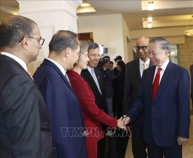 Tổng Bí thư, Chủ tịch nước Tô Lâm với thành viên đoàn đại biểu cấp cao Singapore dự Lễ đón. Ảnh: Thống Nhất – TTXVN