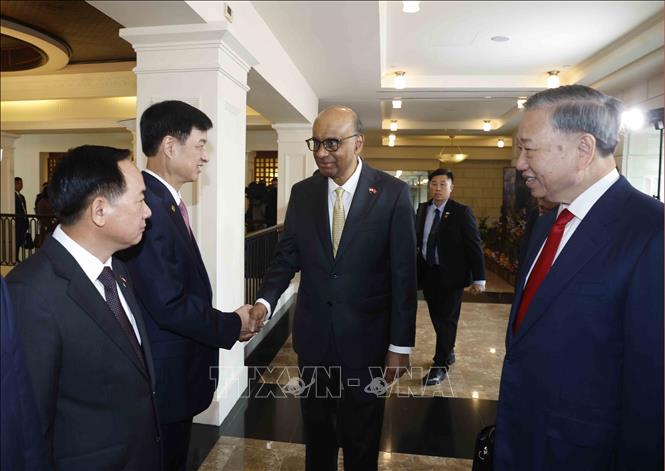Tổng Bí thư, Chủ tịch nước Tô Lâm giới thiệu với Tổng thống Singapore Tharman Shanmugaratnam thành viên đoàn đại biểu cấp cao Việt Nam dự Lễ đón. Ảnh: Thống Nhất – TTXVN