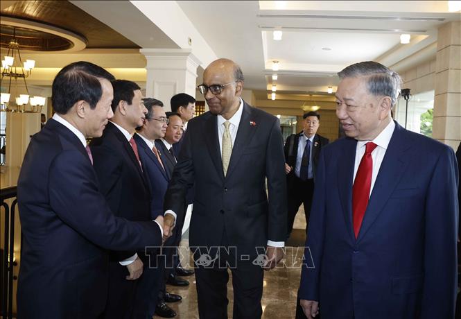 Tổng Bí thư, Chủ tịch nước Tô Lâm giới thiệu với Tổng thống Singapore Tharman Shanmugaratnam thành viên đoàn đại biểu cấp cao Việt Nam dự Lễ đón. Ảnh: Thống Nhất – TTXVN