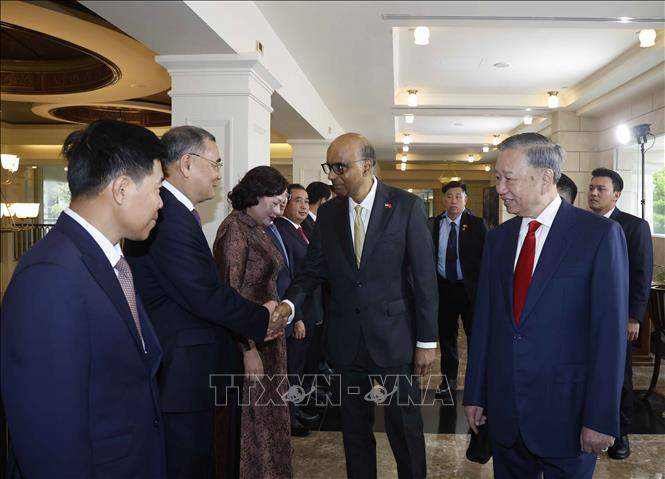 Tổng Bí thư, Chủ tịch nước Tô Lâm giới thiệu với Tổng thống Singapore Tharman Shanmugaratnam thành viên đoàn đại biểu cấp cao Việt Nam dự Lễ đón. Ảnh: Thống Nhất – TTXVN