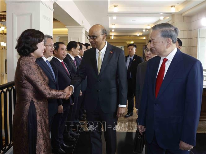 Tổng Bí thư, Chủ tịch nước Tô Lâm giới thiệu với Tổng thống Singapore Tharman Shanmugaratnam thành viên đoàn đại biểu cấp cao Việt Nam dự Lễ đón. Ảnh: Thống Nhất – TTXVN