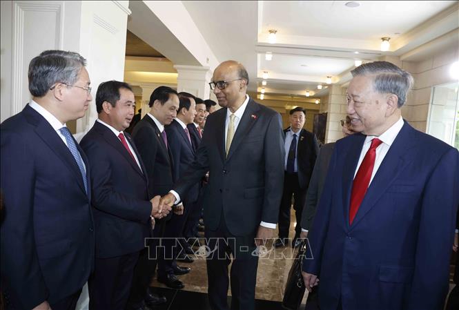 Tổng Bí thư, Chủ tịch nước Tô Lâm giới thiệu với Tổng thống Singapore Tharman Shanmugaratnam thành viên đoàn đại biểu cấp cao Việt Nam dự Lễ đón. Ảnh: Thống Nhất – TTXVN