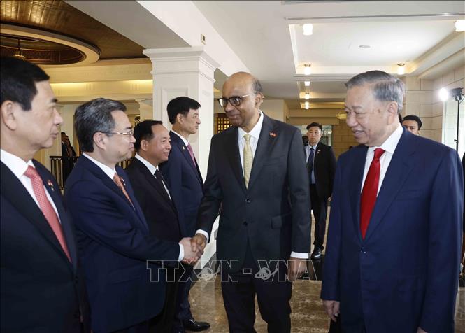 Tổng Bí thư, Chủ tịch nước Tô Lâm giới thiệu với Tổng thống Singapore Tharman Shanmugaratnam thành viên đoàn đại biểu cấp cao Việt Nam dự Lễ đón. Ảnh: Thống Nhất – TTXVN