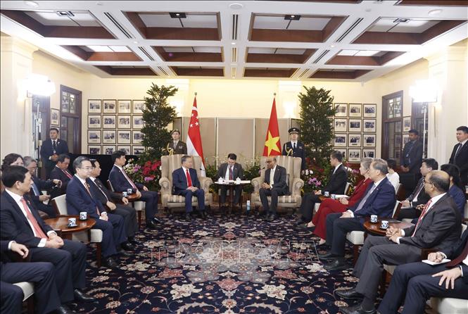 Ngay sau lễ đón, Tổng Bí thư, Chủ tịch nước Tô Lâm hội đàm với Tổng thống Singapore Tharman Shanmugaratnam. Ảnh: Thống Nhất – TTXVN